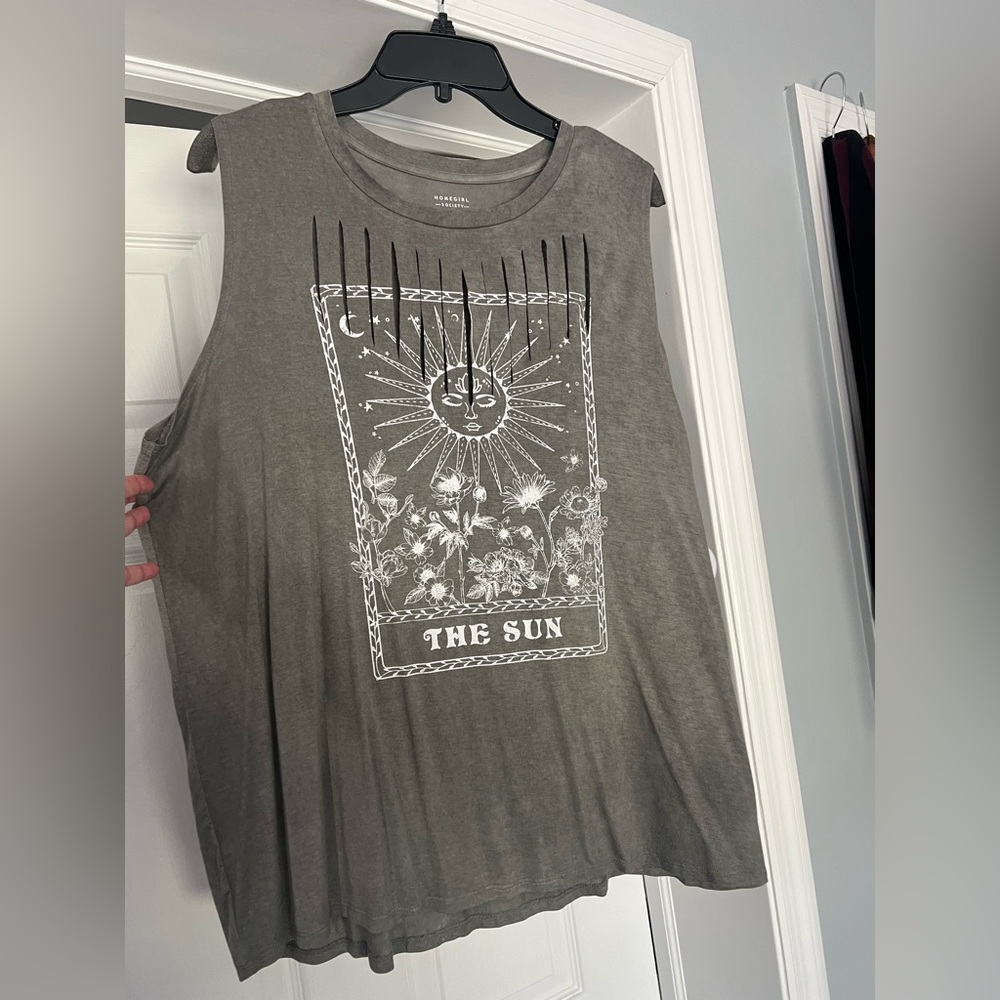 The Sun Graphic Cold-Shoulder Tank Top - Olive - Picture 2 of 4